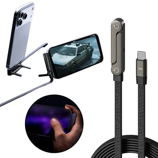 Sideways Phone Charger,Invisible Stand Charging Cable,Built in Phone Stand Charging Cord with Folding Phone Stand 2-In-1 Holder