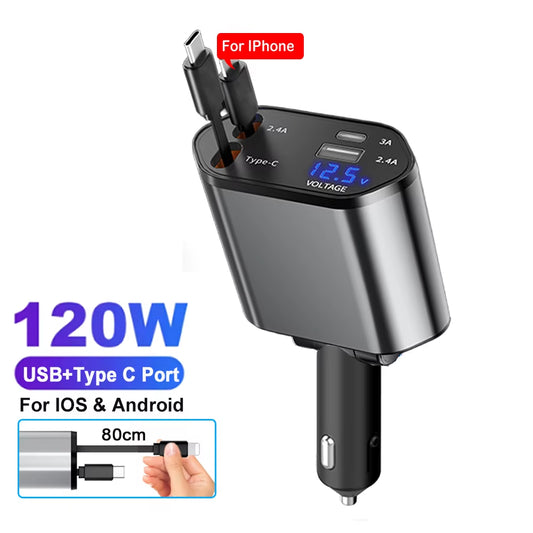 4 in 1 Car Phone Charger 120W Type C 66W+2.4A Charging Cable with Retractable Cords with Volt Display for Iphone Huawei Samsung
