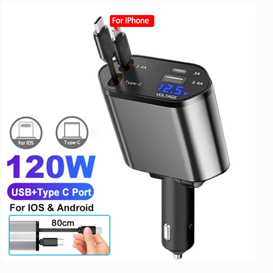 Car Charger Adaptor 120W Fast Charge USB Type C Fast Charger Cable with Retractable Cords Fit for Iphone 16/15/14/13/12 Samsung