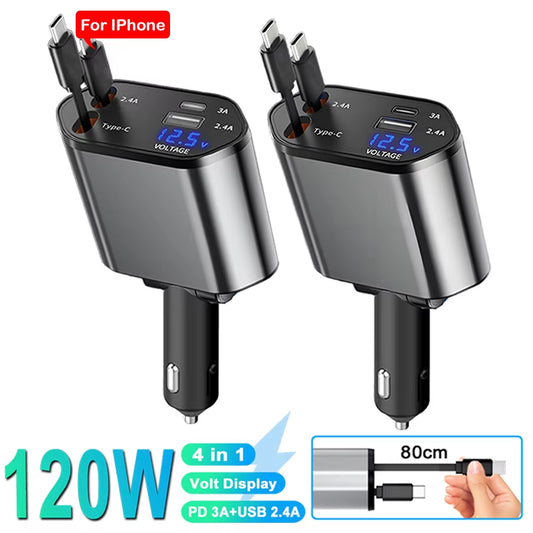4 in 1 Car Phone Charger 120W Type C 66W+2.4A Charging Cable with Retractable Cords with Volt Display for Iphone Huawei Samsung